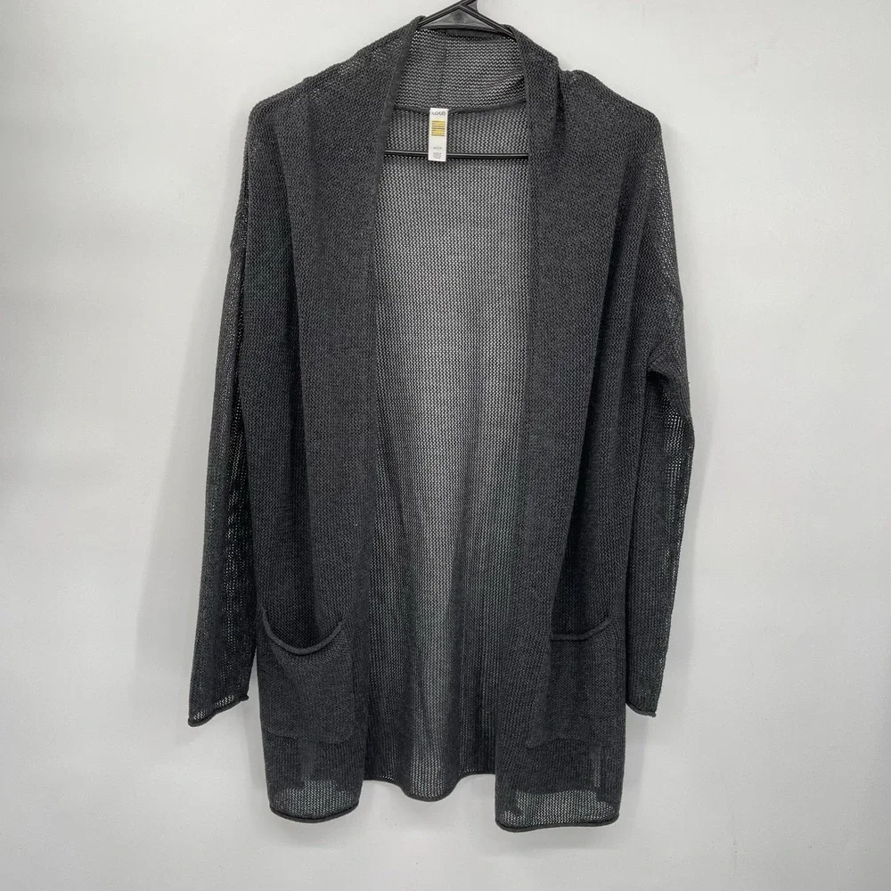Lole XS Cardigan Women Charcoal‎ Grey Mesh Knit Open Front Longline Pocket Slit